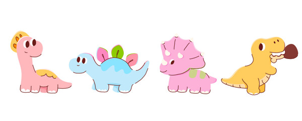 Cute dinosaur cartoon character doodle vector set. Kawaii colorful pastel dino row for kids border design, stickers, and nursery banner. Isolated on white background. © Nattapol
