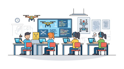 Future Innovators: Children engrossed in a STEM workshop, learning about robotics and drones, with a drone hovering mid-air, inspiring creativity and technological exploration. © Abdul