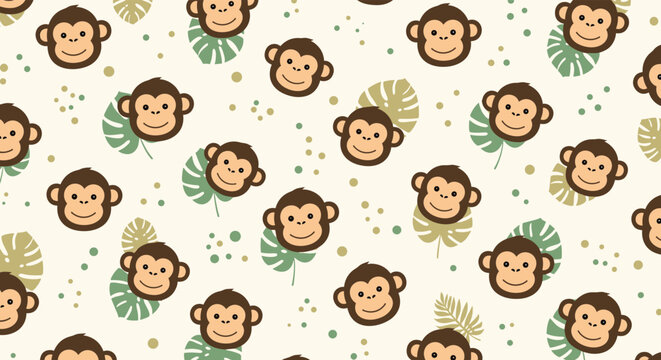 cute seamless pattern features happy monkey faces and green tropical leaves scattered across a light cream background.
