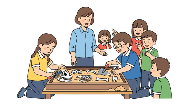 Young Archaeologists Digging for Fossils: A teacher guides a group of enthusiastic young students as they meticulously excavate dinosaur bones and fossils from a sandpit.