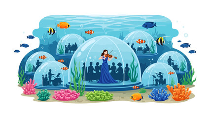 Underwater Symphony of Isolated Musicians: A unique concert takes place in an underwater world, with musicians performing in transparent domes, surrounded by colorful coral and swimming fish. © AJM