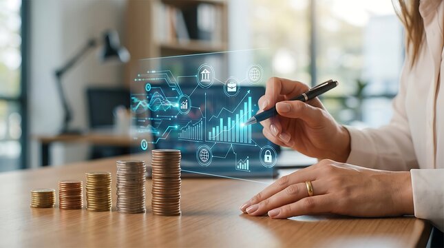 Person working on cryptocurrency trading with coins and digital charts