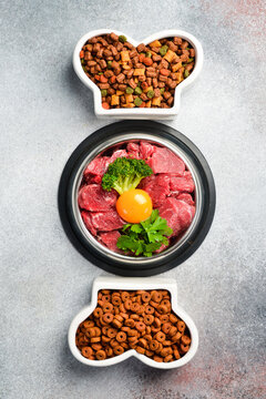 Dry pet food with natural ingredients. Raw meat in a bowl for pets. A set of different fodder and food for dogs or cats.