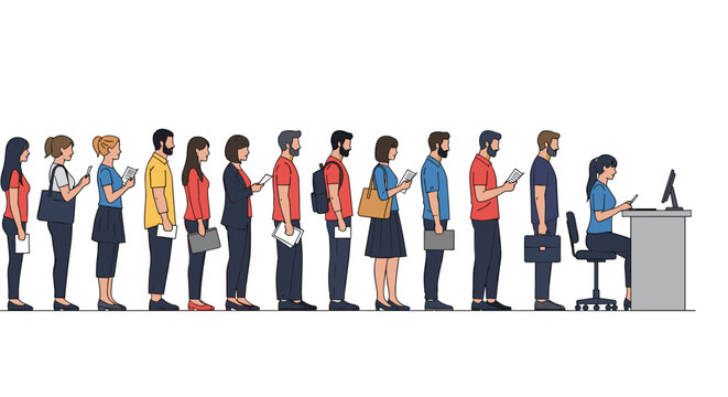 Diverse group of patient people waiting in a long queue for service at a busy business office or customer help desk.