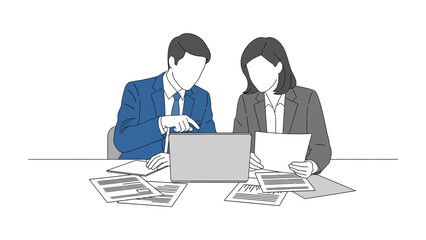 Obraz premium Business Meeting Illustration: Two professionals in business attire collaborate over documents and a laptop, engaging in a focused discussion.
