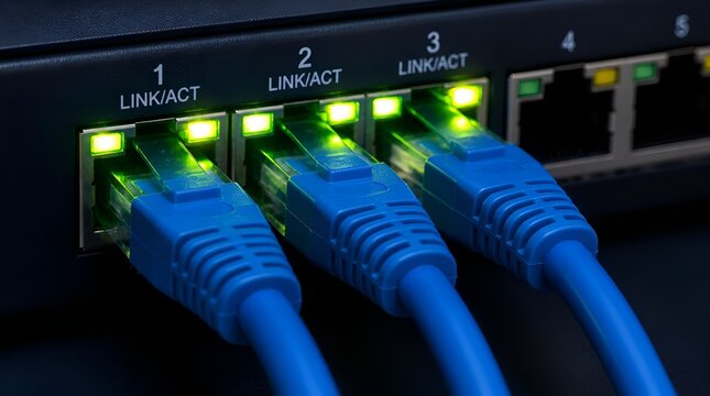 Blue ethernet cables plugged into network switch with lights.