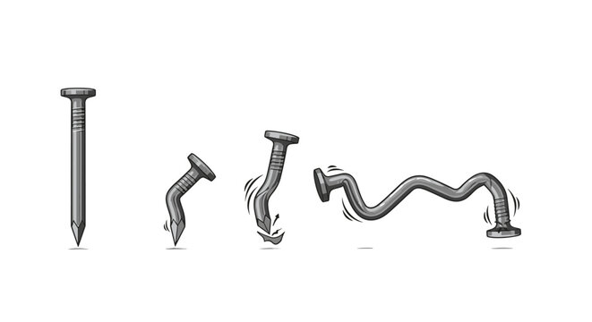 series of four illustrations showing a straight metal nail slowly bending until it becomes a complicated knot.
