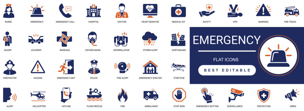 emergency solid icon set. urgent, medical, safety, exit, rescue, crisis, help, hotline, alert, ambulance, assistance, security. editable glyph  vector illustration.