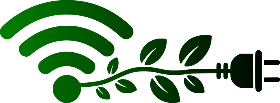 Green wifi symbol connected to an electric plug with a growing leaf vine representing sustainable eco technology clean energy and smart environmental concept