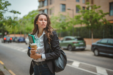 Fototapeta premium Stressed businesswoman commuting to work in urban street