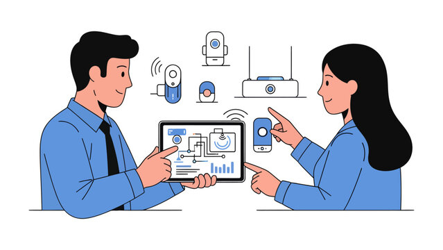 Smart Home Setup: Two people interact with smart devices on a tablet and phone, showcasing the setup and control of a modern smart home system with a router and various sensors.