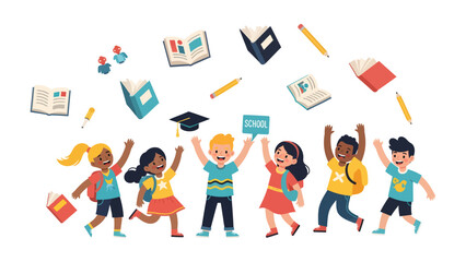 Fototapeta premium Joyful Learning Celebration: A group of happy, diverse children joyfully celebrate their educational journey, surrounded by floating books, pencils, and a graduation cap.