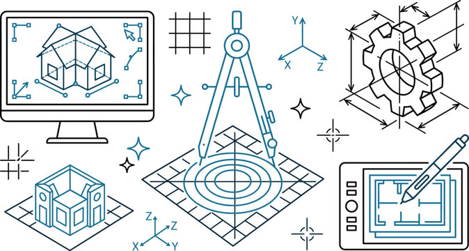 Computer Aided Design CAD Icon Set with Technical Blueprint and 3D Modeling Symbols
