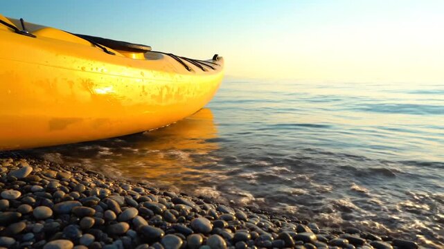 A bright yellow kayak rests on a pebble beach at sunrise, with gentle waves lapping at its hull.