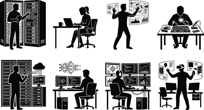 Information technology vector silhouettes set with programmers, network engineers, system administrators, data analysts, and virtual reality specialists