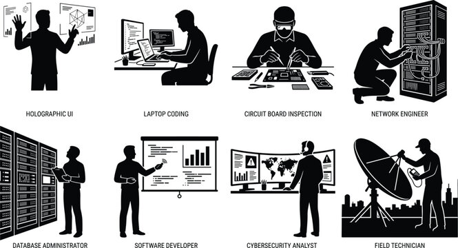 Information technology and engineering career silhouette set featuring network engineer database administrator software developer and field technician