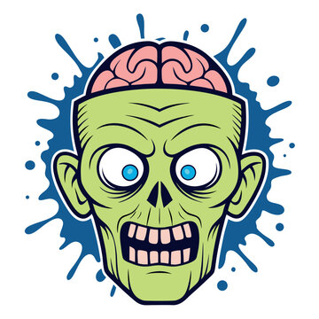 Zombie head with exposed brain cartoon halloween character
