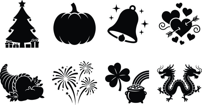 Holidays and celebrations icon set featuring black silhouettes of Christmas tree, Halloween pumpkin, Valentine hearts, Thanksgiving cornucopia, and Chinese dragon