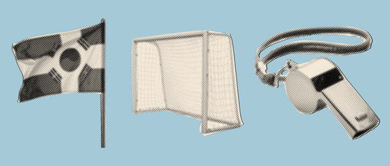 Retro Halftone Soccer Elements Collage Featuring Ball, Goal, Flag and Referee Whistle © Emma