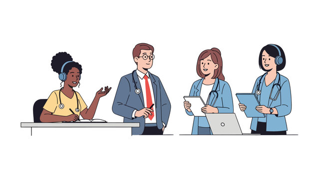 Medical Team Collaboration: A group of diverse medical professionals, including doctors and nurses, are engaged in a discussion, reviewing patient data, and collaborating on patient care.