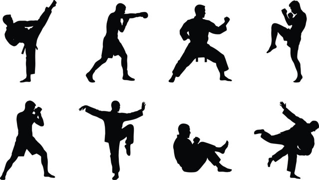 Black martial arts silhouettes collection featuring fighters in karate, boxing, muay thai, kung fu, and judo poses on a white background