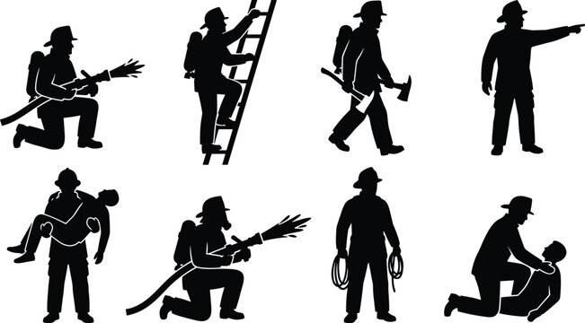 Black firefighter silhouettes collection including emergency responders climbing ladders, spraying hoses, carrying victims, and holding rescue tools