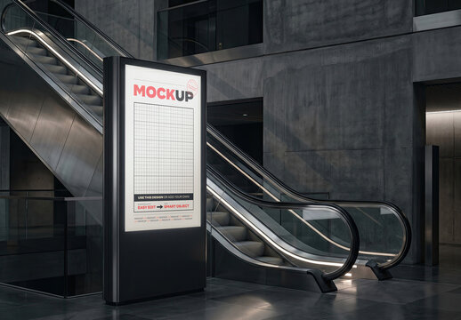 Backlight Sign Stand Mockup next to Electric Stairs