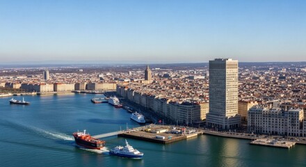 Fototapeta premium Aerial view of a bustling city port with ships
