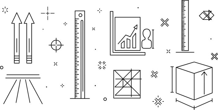 Measurement and Scale Icon Set with Dimension Ruler Perspective and 3D Cube Symbols