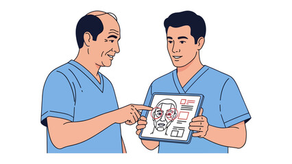 Fototapeta premium Medical Consultation: Two medical professionals, one elder and one younger, review a digital tablet displaying a diagram of the human face, illustrating a patient consultation or diagnostic process.