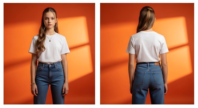 Young woman in casual white top and jeans standing against vibrant wall with warm lighting