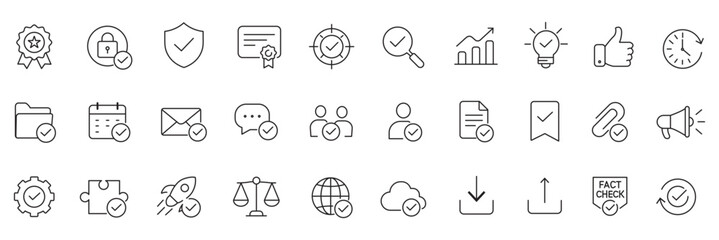 Approval checkmark verification web line icons set verified shield protection approved business handshake quality guarantee medal & more vector illustration with editable stroke ©  