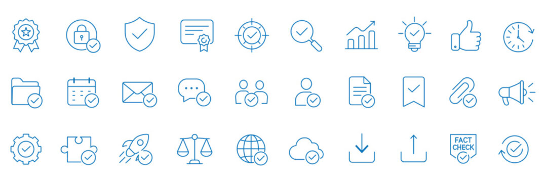 Approval checkmark verification web line icons set verified shield protection approved business handshake quality guarantee medal & more vector illustration with editable stroke