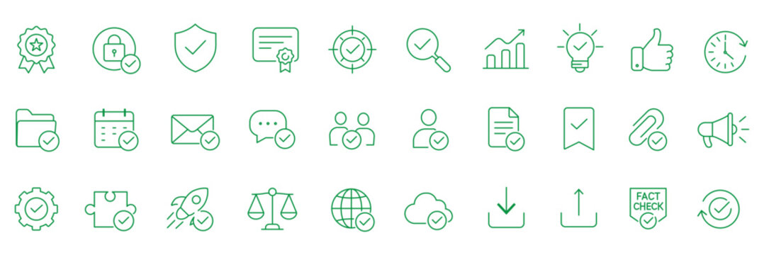 Approval checkmark verification web line icons set verified shield protection approved business handshake quality guarantee medal & more vector illustration with editable stroke