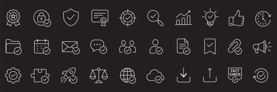 Approval checkmark verification web line icons set verified shield protection approved business handshake quality guarantee medal & more vector illustration with editable stroke