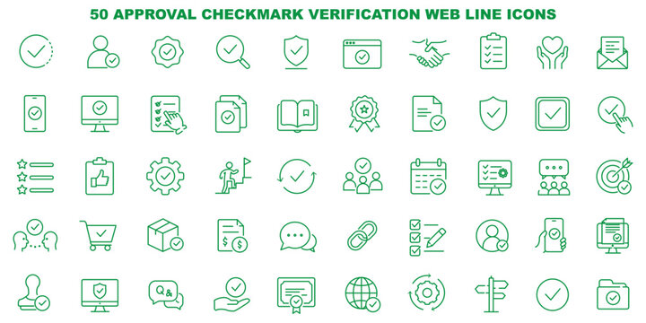 Checkmark and Approved web icon set in line style. Checklist, accepted, stamp, accept, agree, quality control, collection. Editable stroke. Vector illustration.