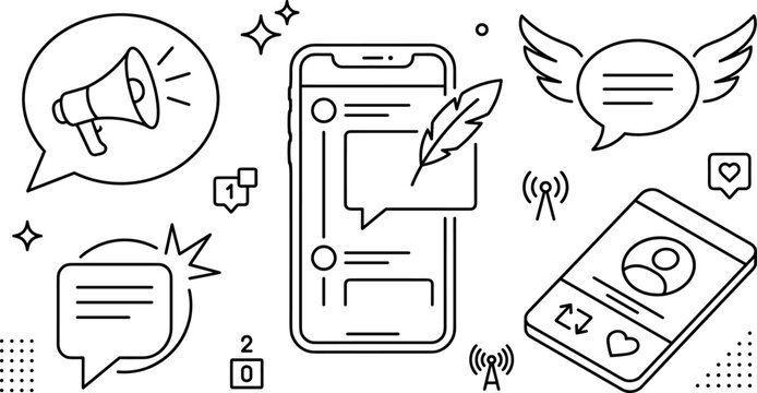 Social Media Microblogging Icon Set with Smartphone Megaphone Announcement and Feather Pen Symbols
