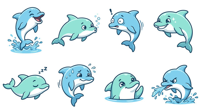 Cute dolphin cartoon characters showing different emotions and actions like jumping swimming sleeping and splashing vector set
