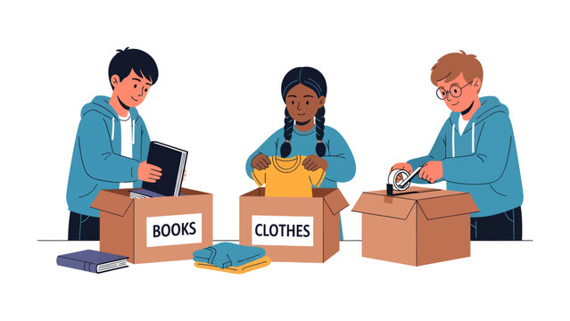 Children Sorting Donations: Three children enthusiastically sort various items into labeled boxes, contributing to a charitable cause. Helping hands for a good deed.