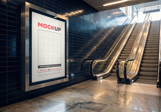 Underground Backlight Vertical Sign Mockup with Electric Stairs