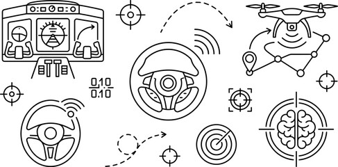 Fototapeta premium Autonomous Driving Steering Wheel Icon Set with Drone Autopilot Dashboard and Radar Symbols