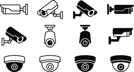 Security camera and cctv surveillance icon set with dome bullet protection monitoring safety video symbols © Shukimon