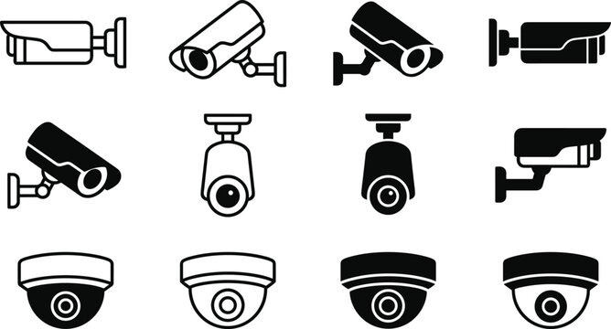Security camera and cctv surveillance icon set with dome bullet protection monitoring safety video symbols