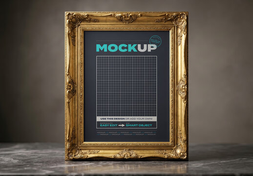 Vertical Portrait Golden Frame Mockup