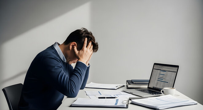 Stressed Professional Holding Head in Frustration While Working at Office Desk with Laptop and Documents