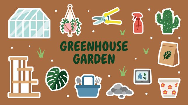 Greenhouse garden vector sticker element bundle with glasshouse plants shears cactus monstera and tools on brown background