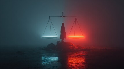 Obraz premium Balancing justice and chaos urban landscape digital art foggy environment dramatic viewpoint conceptual representation