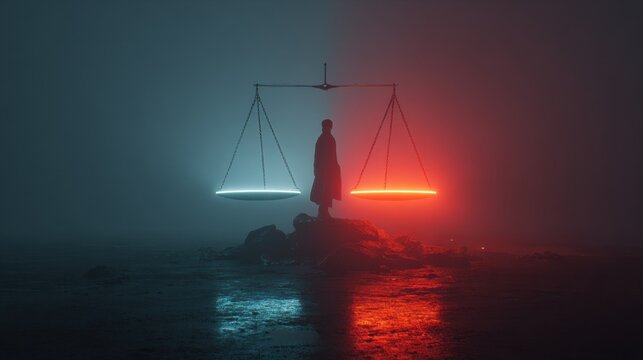 Balancing justice and chaos urban landscape digital art foggy environment dramatic viewpoint conceptual representation
