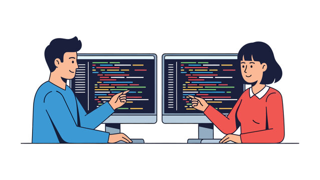 Coding Collaboration: Two individuals, a man and a woman, work together at their computers, screens filled with colorful lines of code.