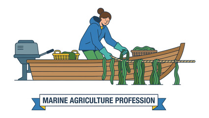 Marine Agriculture Profession: A woman in a boat cultivates seaweed, demonstrating a profession in marine agriculture, with the text Marine Agriculture Profession displayed on a ribbon below. © abidakhatun